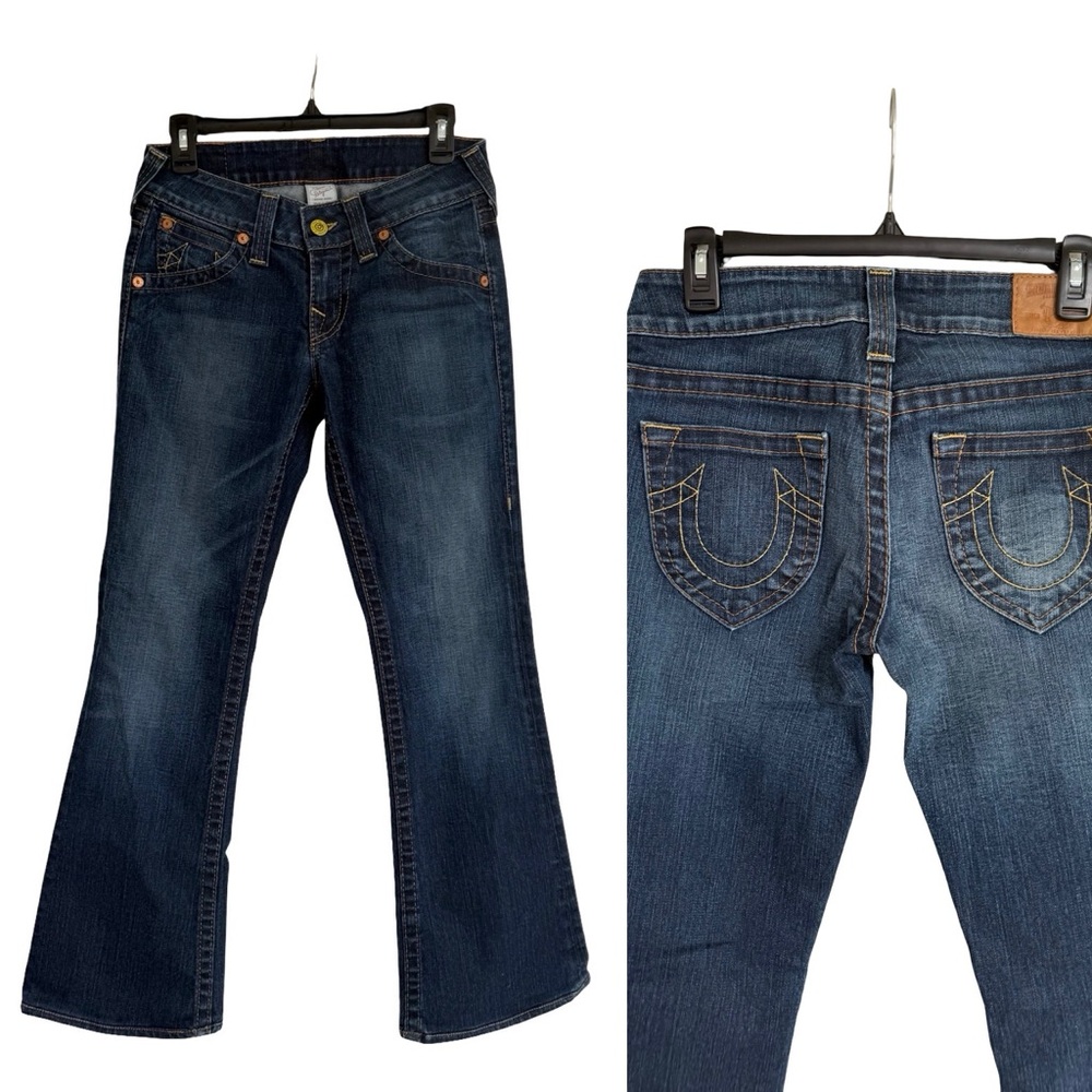 True Religion Y2K Horse Shoe Logo Back Pocket Bootcut Flare Jeans 28 Blue